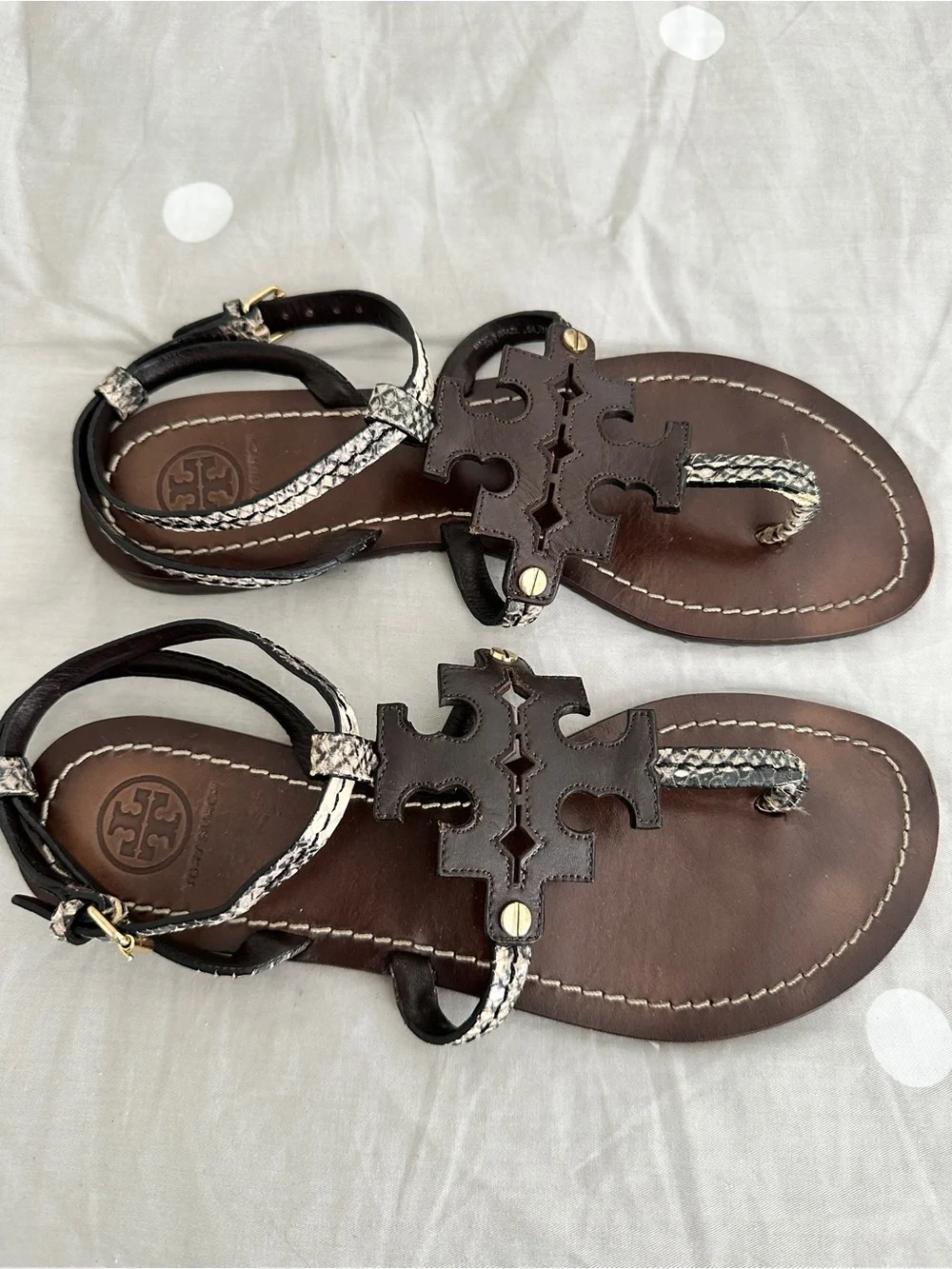 Tory Burch Brown Leather T-Strap Sandals with Snakeskin Accents
